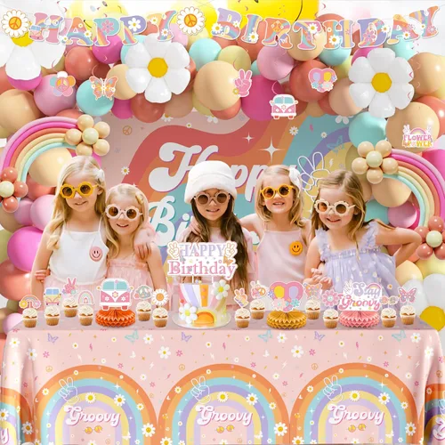 Miniatura 7 de Decoraciones de fiesta Groovy, paquete de 112 piezas de decoraciones de cumpleaños Groovy que incluyen banderines, telones de fondo, manteles