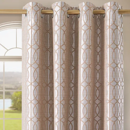 Miniatura 10 de Cortinas de patrón geométrico jacquard 100% opacas beige y plateado, 2 paneles de 52 pulgadas de ancho y 63 pulgadas de largo, con aislamiento