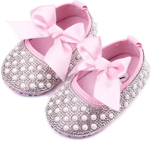 Miniatura 5 de Zapatos planos Mary Jane para bebés y niñas, con lazo brillante y diamantes de princesa, zapatos antideslizantes para cuna
