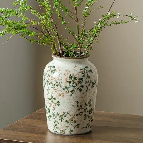 Miniatura 15 de Jarrón de cerámica verde y blanco con asa, florero rústico para decoración de hogar estilo “chinoiserie”, “grandmillenial” y toscano, jarrón