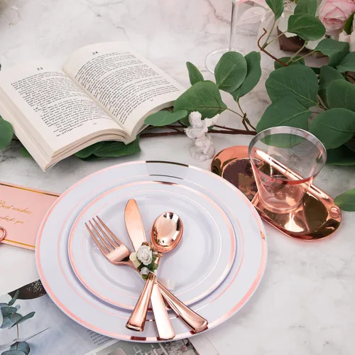Miniatura 6 de WELLIFE - Vajilla de plástico en color oro rosa, 350 piezas, 50 platos desechables con cubiertos oro rosa, tazas de 10 onzas y 50 servilletas