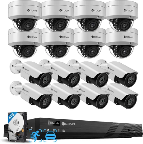 Sistema de seguridad con 16 cámaras PoE 4COVR para empresas, detección de humanos y vehículos AI, 8 cámaras IP domo IK10 a prueba de vandalismo y 8
