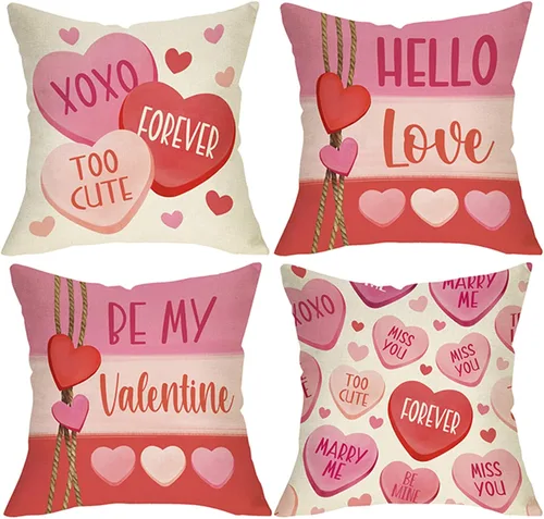 Juego de 4 fundas de almohada decorativas para el día de San Valentín de 18 x 18 pulgadas, color rosa y rojo con texto en inglés "Hello Love Be My