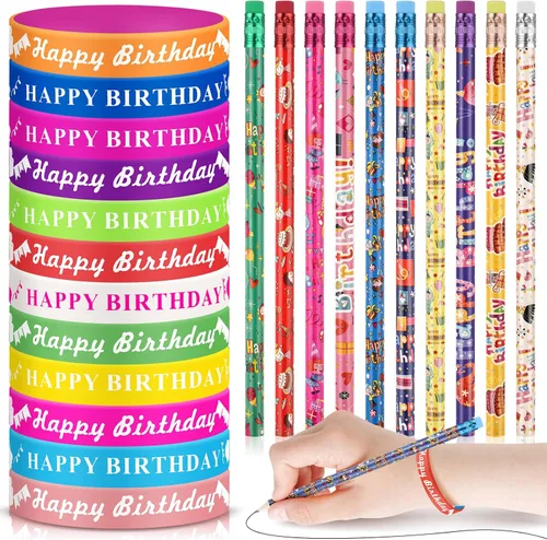 Miniatura 8 de Sabary Juego de 48 pulseras de goma para lápices de feliz cumpleaños, recuerdos de fiesta de cumpleaños, pulseras de silicona para niños, Arcoír