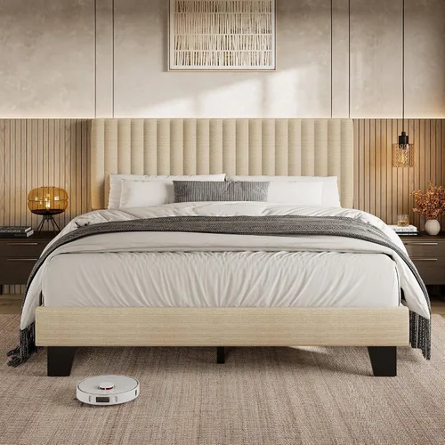 Miniatura 12 de Einhomn Base de cama tamaño Queen con cabecero, base de cama tapizada de lino con listones de madera maciza, sin ruido, no necesita somier, fácil