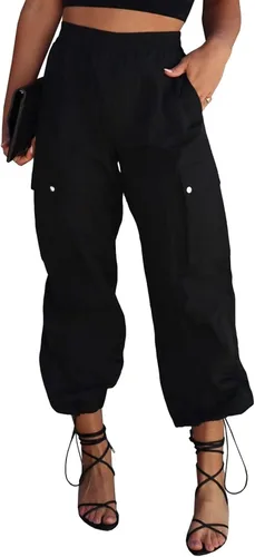 Pantalones de paracaídas para mujer, cintura alta elástica, pantalones cargo Y2K holgados con 4 bolsillos
