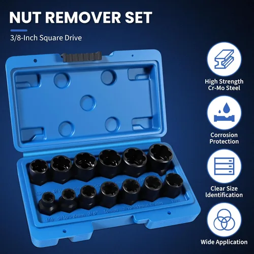 Miniatura 7 de Kit de extractor de pernos de 13 piezas, extracción de tuercas desnudas, juego de llaves extractoras de tornillos de 3/8 pulgadas, SAE y métrico