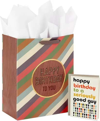 Hallmark Bolsa de regalo grande de 13" con papel de seda y tarjeta de cumpleaños (Rayas, Veta de madera, Feliz cumpleaños) para papá, hijo, hermano,