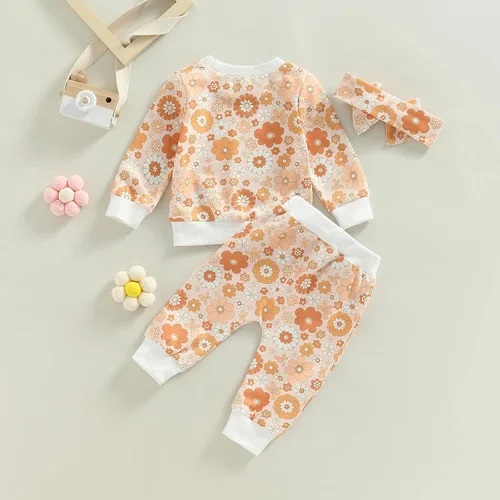Miniatura 41 de Mandizy Conjunto de ropa de bebé niña otoño 3 6 9 12 18 24 meses sudadera de manga larga y pantalones con estampado floral y diadema