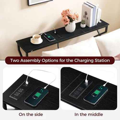 Miniatura 6 de MAHANCRIS Mesa de sofá de 44.9 pulgadas, mesa consola estrecha de 9.4 pulgadas con estación de carga, mesa de sofá detrás del sofá con Negro