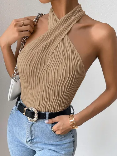 Miniatura 4 de Milumia Tops estilo halter sin mangas con textura cruzada y abertura cruzada para mujer