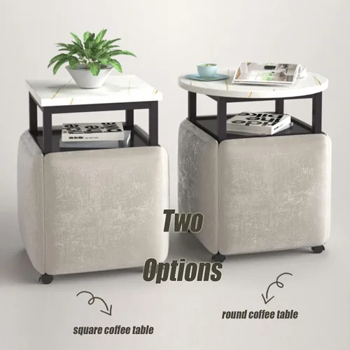Miniatura 5 de Mesa de comedor combinada 5 en 1 con 4 taburetes, mesa auxiliar anidable que ahorra espacio, taburete otomano apilable, reposapiés, sofá y mesa