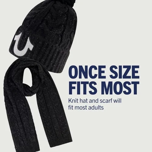 Miniatura 5 de True Religion Conjunto de gorro y bufanda para mujer, gorro de punto con puños de invierno con pompón de cable lúrex y gorro de bufanda