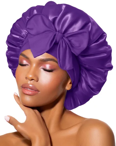 Miniatura 15 de Gorro de satén de seda para dormir con banda ancha para cabello rizado, color rosado oro rosa claro