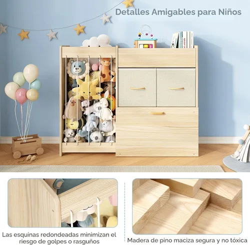 Miniatura 5 de EXPERLAM Organizador de almacenamiento de juguetes con soporte para animales de peluche, estante de juguetes de madera maciza para niños con 2