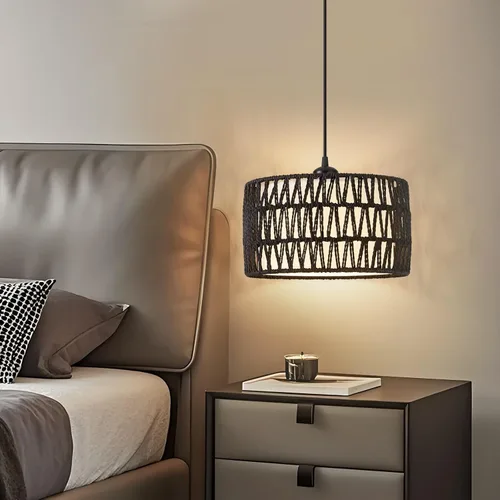 Miniatura 5 de Lámpara colgante enchufable, luces colgantes de ratán con cable enchufable, pantalla tejida y de tela 2 en 1, lámpara colgante enchufable para Negro