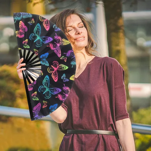 Miniatura 3 de Ventilador plegable que brilla con rayos UV, ventilador de mano de bambú para verano, decoración de mariposa, baile, fiesta, boda, club nocturno