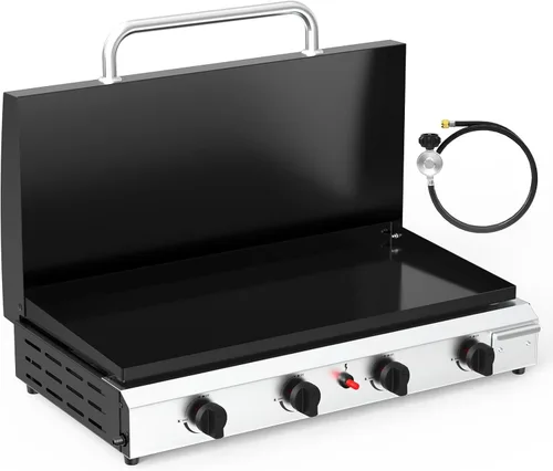 Miniatura 9 de Bonnlo Plancha de Propano de 20000BTU con Tapa e Ignición, Parrilla de Gas de Superficie Plana de Pie con Ruedas Rodantes Portátiles y Estante