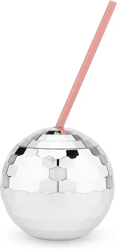 Blush Taza de bola de discoteca plateada con pajitas para fiestas, 16 onzas, lindo vaso de bebida de bola de cóctel con purpurina brillante,