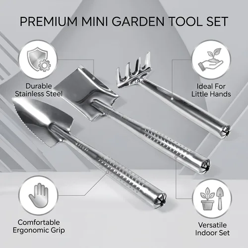 Miniatura 5 de Mini juego de herramientas de jardinería, kit de cuidado de plantas de interior de acero inoxidable con rastrillo de pala para plantas en maceta