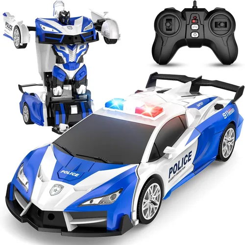 Miniatura 11 de Auto a control remoto con transformación de un botón, autos RC que se transforman en robot, 2.4 GHz 360 grados rotación de coche de policía con luz