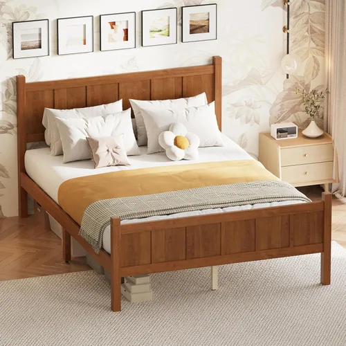 Miniatura 15 de Bellemave Cama de panel plano de tamaño individual con cabecero y estribo, cama de plataforma minimalista y moderna con acabado de grano de madera