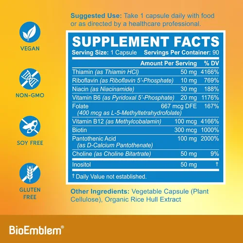 Miniatura 5 de BioEmblem Complejo de vitamina B - Las 8 formas activas con metil folato, metil B12, B6, biotina más colina inositol, apoya la energía