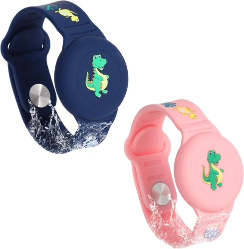 2 pulseras impermeables para AirTag, con patrón de dibujos animados de dinosaurio, para niños pequeños, ancianos, ajustables, antipérdidas, para
