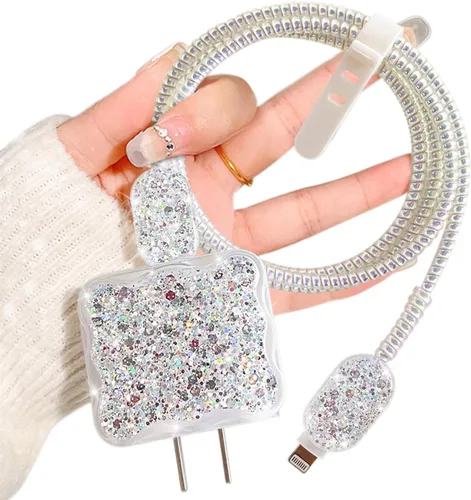 Miniatura 8 de CameCosy Protector de cable de lujo compatible con cargador de iPhone, diseño de borde ondulado con purpurina, funda USB de línea de datos, Azul