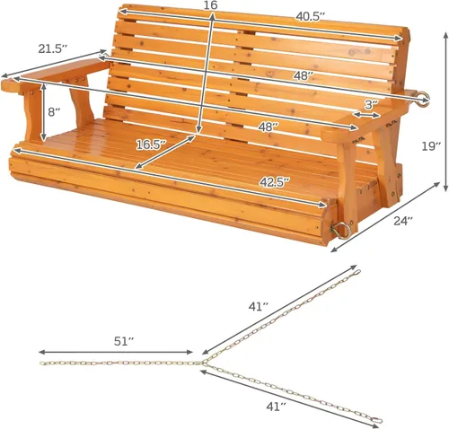 Miniatura 4 de Giantex Columpio de madera para porche de 2 asientos, sillas oscilantes para exteriores con cadenas colgantes, capacidad de peso de 600 libras