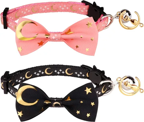 2 collares de gato con pajarita y campana, luna dorada y estrella brillante en la oscuridad para gatito (negro y rosa)