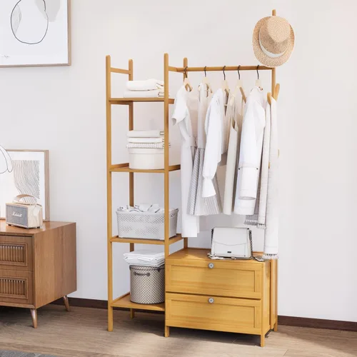 Miniatura 14 de Perchero de Ropa de Bambú, Perchero con Cajones y Estantes, Estantes de Almacenamiento de 5 Niveles con 6 Ganchos para Colgar, Armario Closet