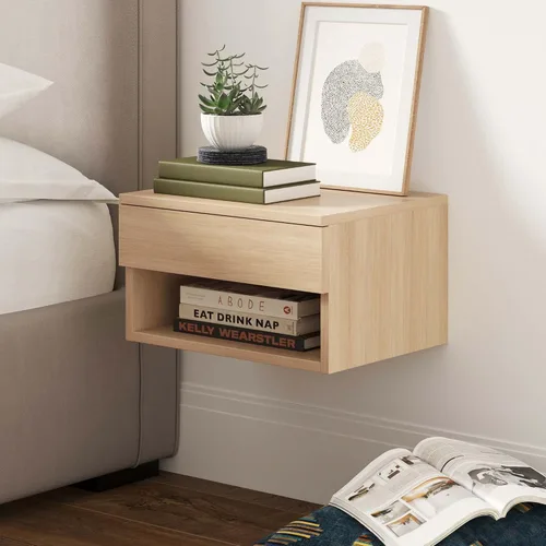 Miniatura 14 de Nathan James Jackson - Mesita de noche flotante de ratán montada en la pared con cajón de almacenamiento y estante abierto moderno, roble claro/ratán