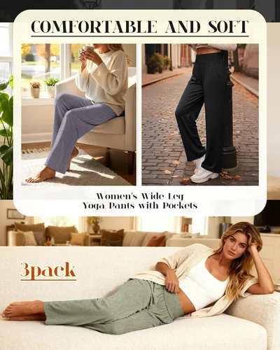 Miniatura 94 de Neer - Conjunto de 3 pantalones de yoga de pierna ancha para mujer - Pantalones deportivos cómodos, holgados, de cintura alta y casuales