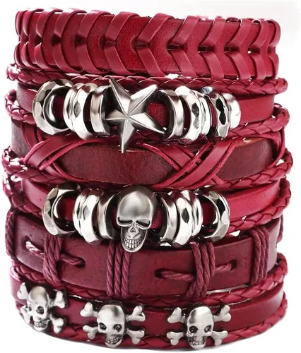 Miniatura 6 de NIGHTCRUZ 6 pulseras trenzadas de cuero, pulsera de cuero medieval con calavera