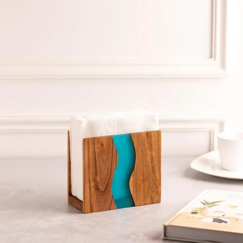 Miniatura 3 de Servilletero de madera de acacia y resina epoxi transparente para mesa, organización rústica de servilletas de granja para cocina, comedor