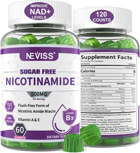 Miniatura 9 de Gomitas de nicotinamida de 500 mg (niacina libre de rubor) Suplemento de niacinamida de vitamina B3 para regeneración celular, niveles de NAD+
