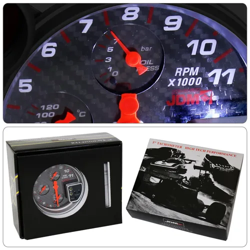 Miniatura 7 de AJP Distributors Universal JDM Sport - Tacómetro 4 en 1 con cara de fibra de carbono de 5 pulgadas, medidor de tacómetro de 11 K RPM con presión