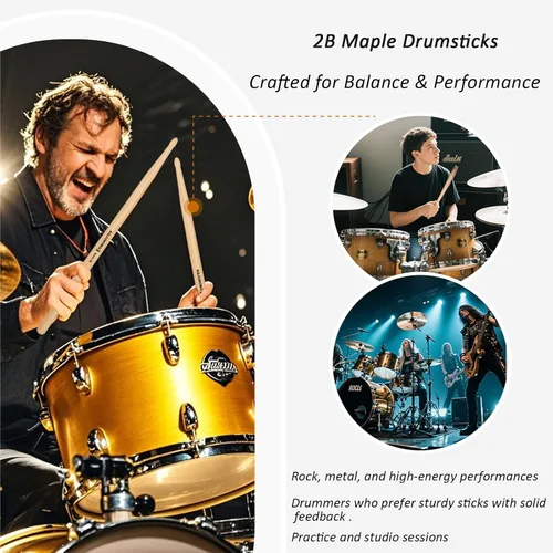 Miniatura 6 de Baquetas AQJUNONG, 12 pares de baquetas de arce 2B Punta clásica de madera de arce, tambor acústico, juego electrónico, accesorios de percusión
