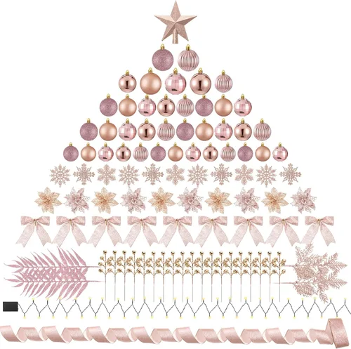 Miniatura 9 de Poen Juego de 108 adornos para árbol de Navidad, incluye bolas para árbol navideño, flor de pascua con purpurina, lazos, bayas, tallos, hojas, copos