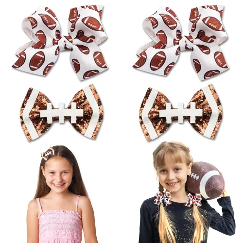 Miniatura 5 de Paquete de 2 lazos para el pelo de fútbol americano, pinzas para el cabello con lazo de fútbol, accesorios para niñas y mujeres, accesorios