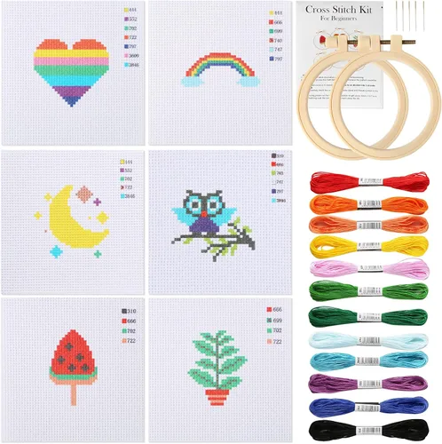 Pllieay Kit de punto de cruz para principiantes para niños de 7 a 13 años, incluye 6 patrones de punto de cruz y 2 aros, 12 madejas, kit de inicio