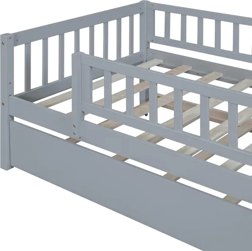 Miniatura 7 de Base de cama de tamaño individual con barandillas nido y valla para niños, adolescentes y adultos, soporte de listones de madera, no necesita Gris