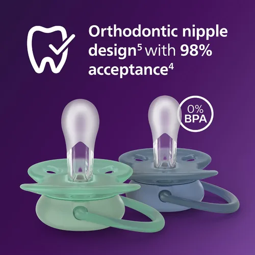 Miniatura 3 de Philips Avent Chupetes ultrasuaves – Diseño ortodóntico, para bebés de 6 a 18 meses, escudo flexible, pezón simétrico de silicona, sin BPA, 2 2-Azul