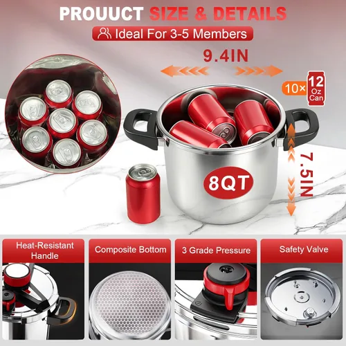 Miniatura 5 de Olla a presión de acero inoxidable 18/8 de 8 cuartos de galón, [bloqueo con una mano] olla a presión, [3 en 1] Olla de Presion, inducción