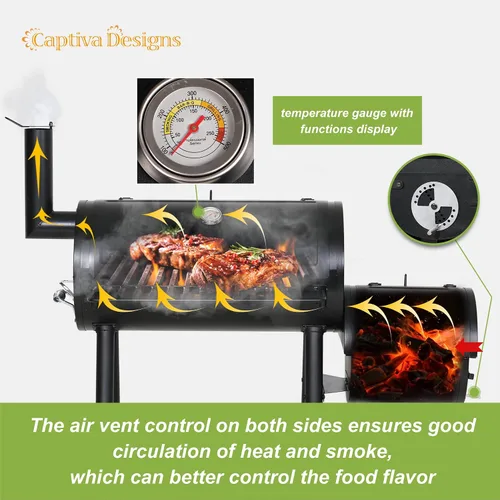 Miniatura 3 de Captiva Designs - Parrilla de carbón con ahumador offset, todo en acero metálico para exteriores, área de cocción de 512 pulgadas cuadradas