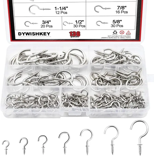 Miniatura 8 de DYWISHKEY Kit de ganchos de tornillo para tazas, 136 unidades, 7 tamaños, ganchos de rosca chapados en latón para el hogar, la oficina y el lugar