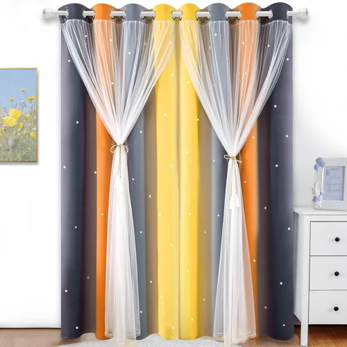 Miniatura 14 de Cortinas Opacas con Corte de Estrella Arcoíris para Dormitorio de Niñas - Doble Capa con Ojales Superiores para Sala de Estar, 2 Paneles