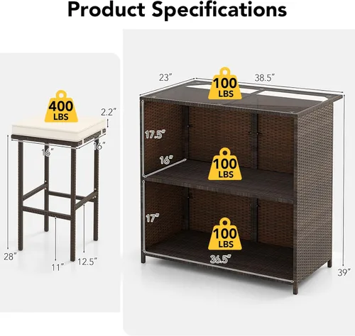 Miniatura 5 de Tangkula Juego de bar para patio, juego de 3 piezas de mimbre de ratán para exteriores con 2 cojines taburetes y mesa superior de cristal, juego