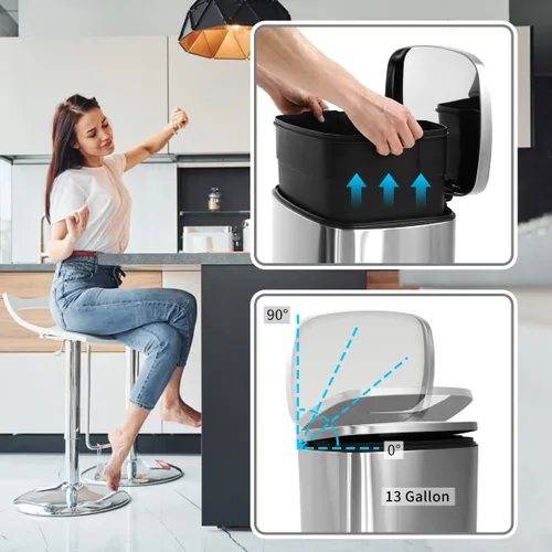 Miniatura 5 de Cubo de Basura con Pedal de Acero Inoxidable de 13 Galones Cubo de Basura de Metal con Tapa Cubos de Basura Grandes para Cocina, Baño, Baño, Oficina